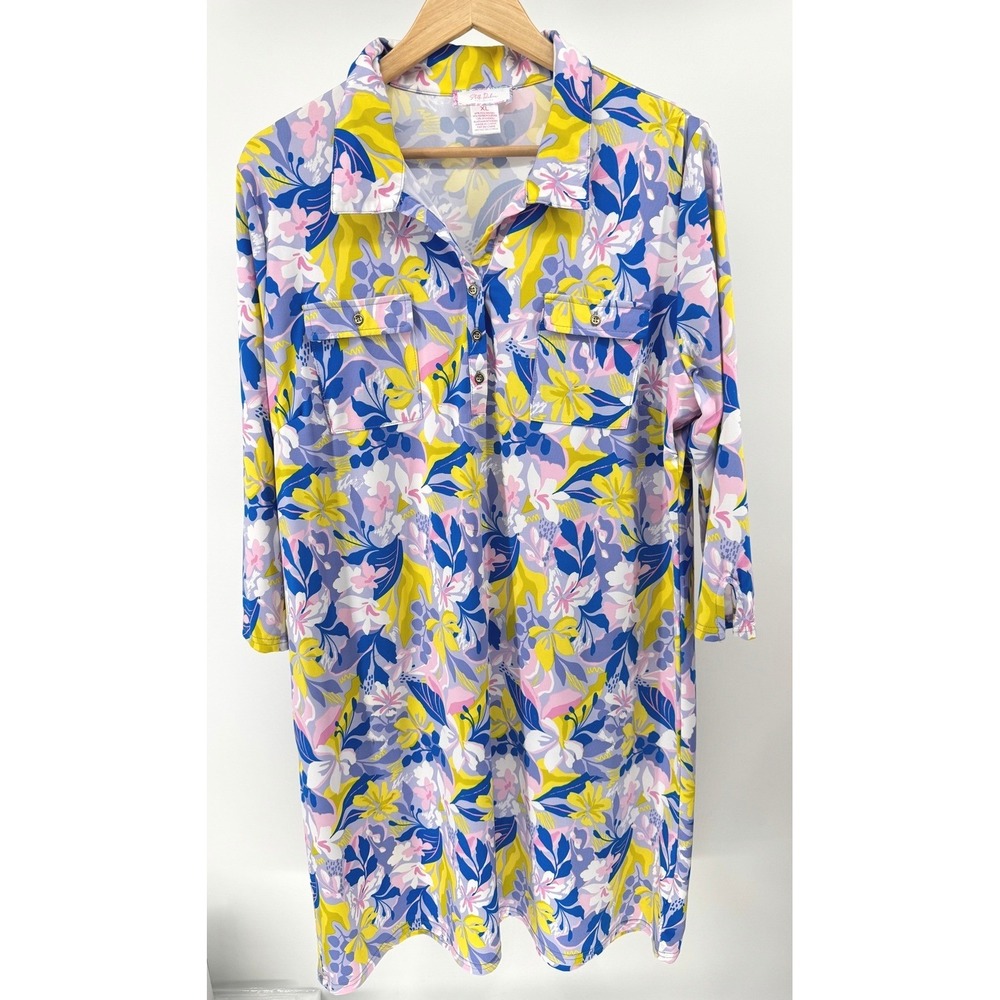 Stella Parker Shirt Dress Womens XL Blue Yellow Pink Floral 3/4 Sleeve Resort